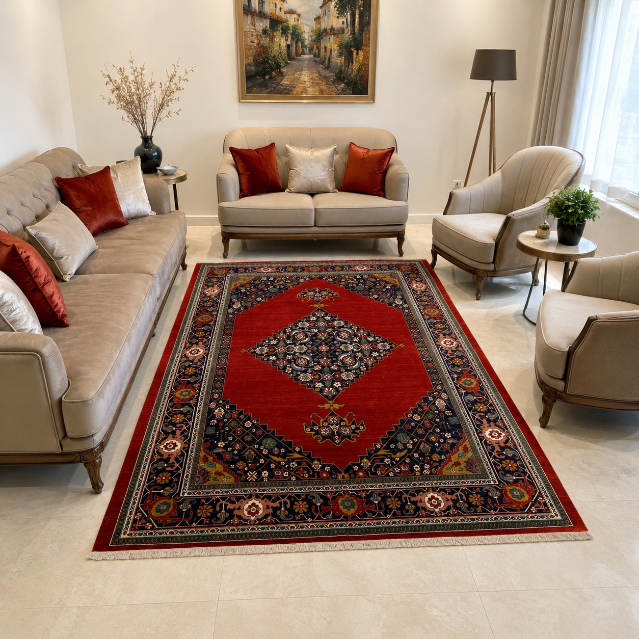 فرش ماشینی پشم طبیعی کد WF2220 مدل ترنجدار طرح دستبافت