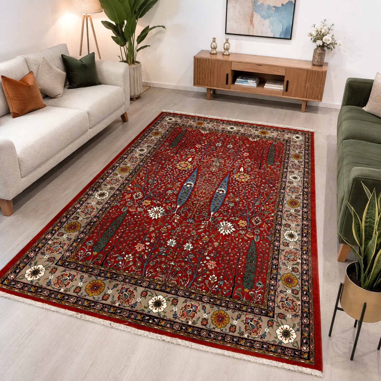 فرش ماشینی پشم طبیعی کد WF2170 مدل درختی طرح دستبافت