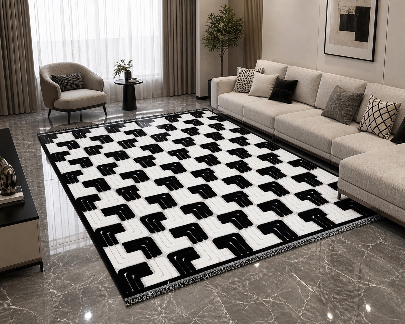 فرش پینترستی لونا کد 5309 سفید مشکی