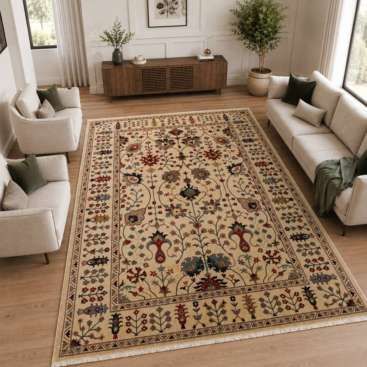 فرش ماشینی پشم طبیعی کد WF3024 مدل سلطان آباد طرح دستبافت