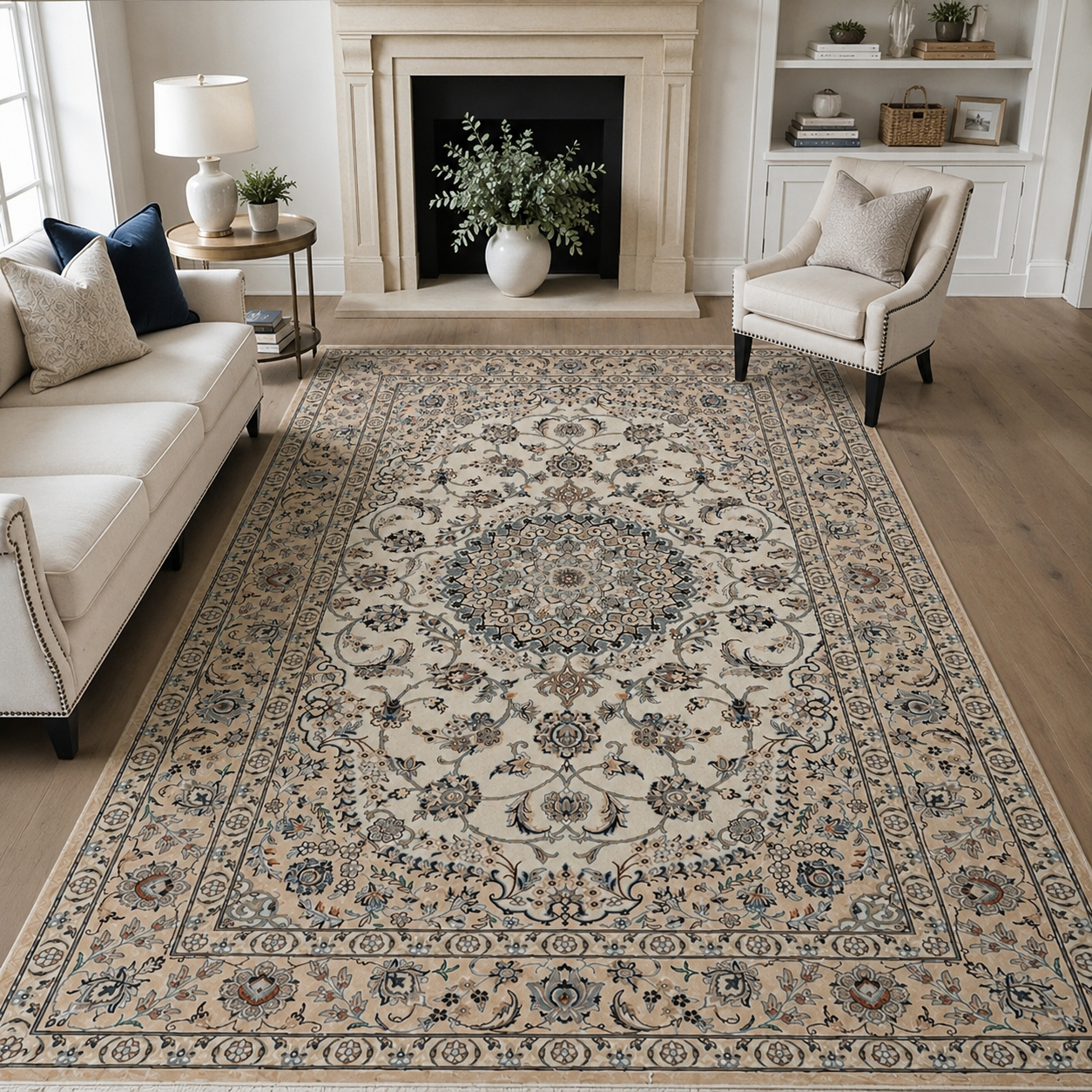 فرش دستباف نایین تک قالیچه 1/5×2/5 کرم گل ابریشم